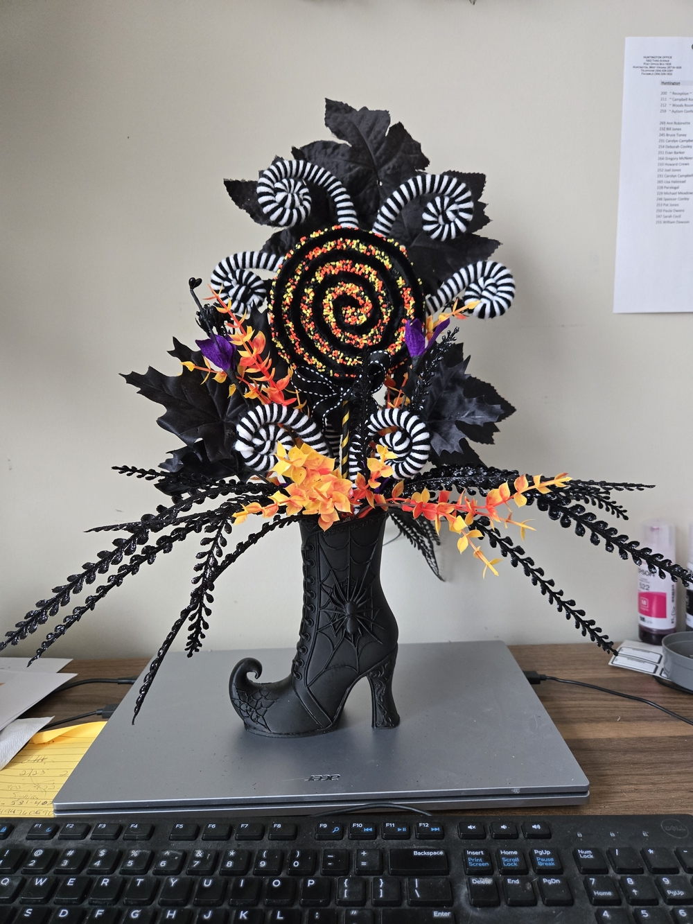 Black Witch Boot Halloween Floral Arrangement with Orange and Purple Accents